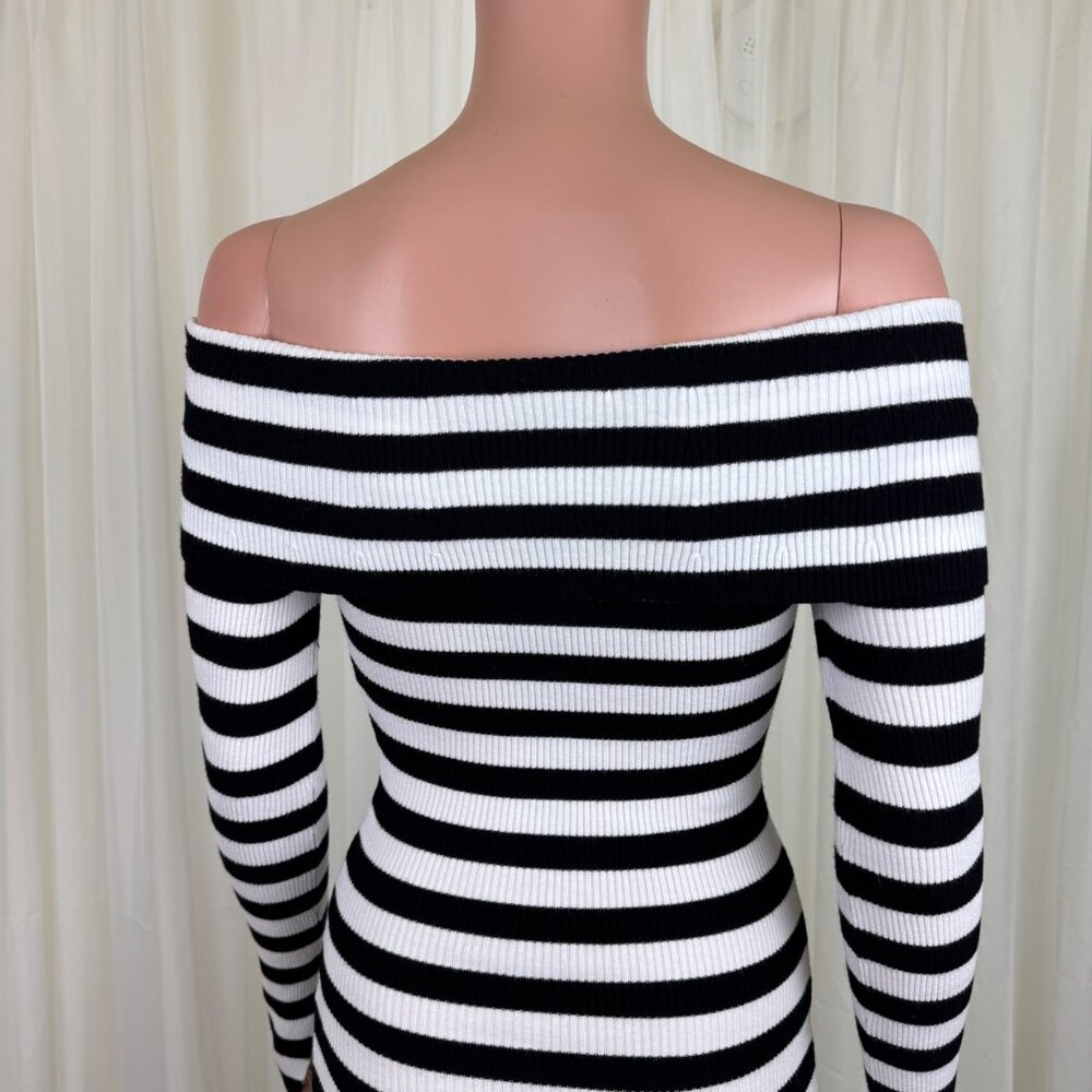 Milly Black & White Stripe Off The Shoulder Bodycon Side Split Midi Dress Size P - Picture 12 of 14